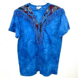 Vintage 90’s Western Boho Blue Tie Dyed Fringe Oversized Tee Shirt